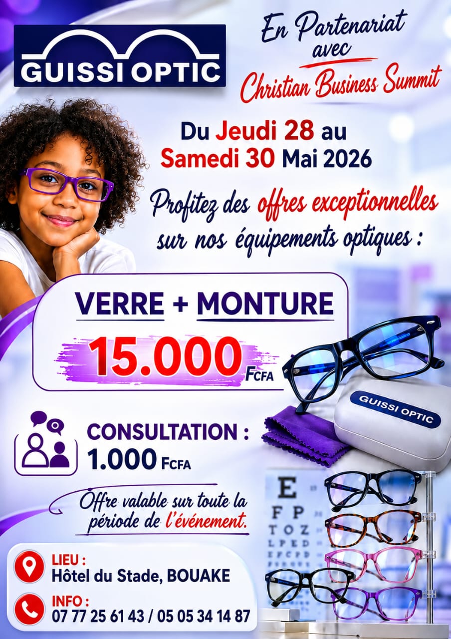 Flyer offre GUISSI OPTIC × CBS 2026 — Verre + Monture 15 000 FCFA, Consultation 1 000 FCFA